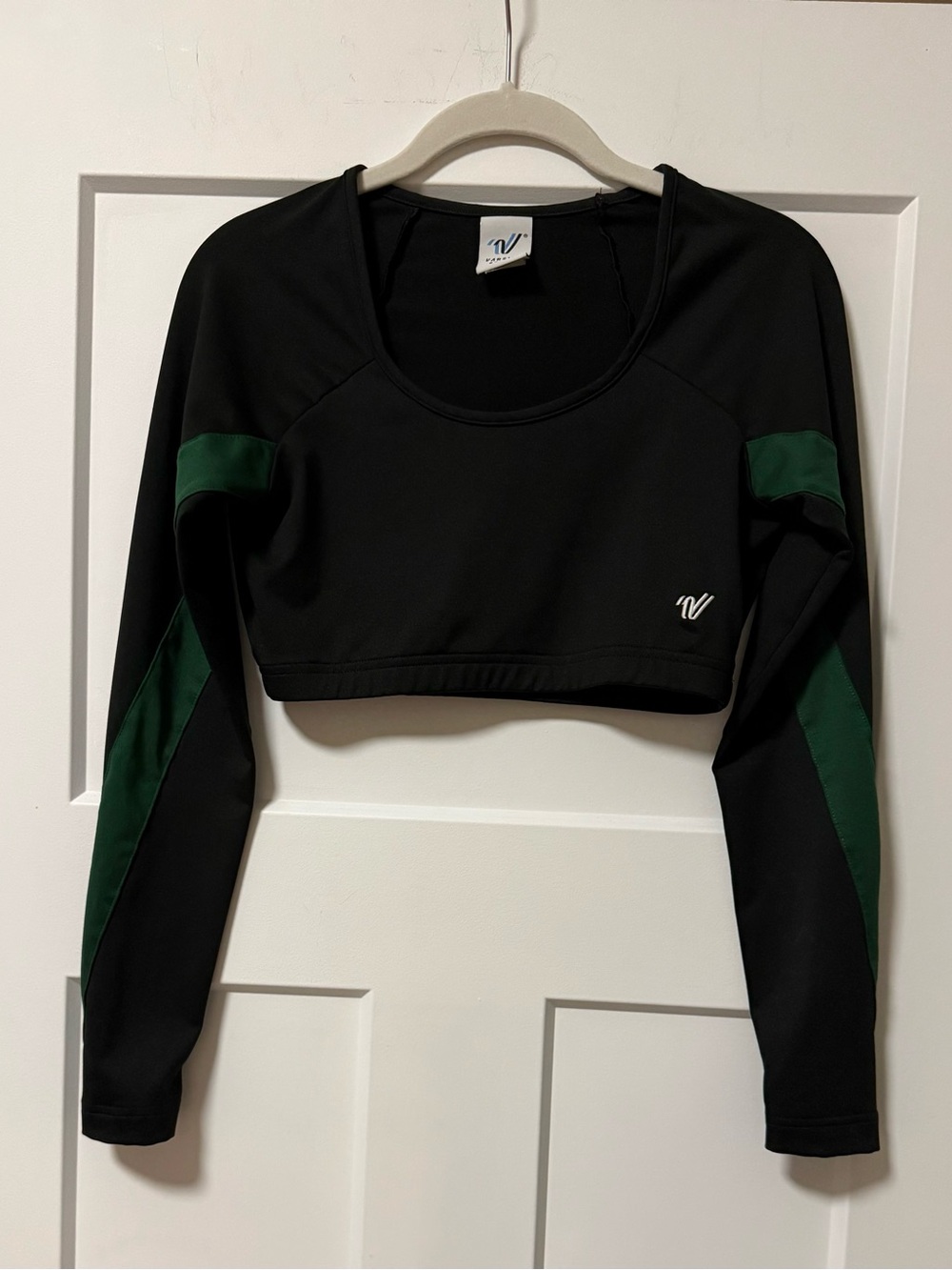 Varsity Black and Dark Green Long Sleeve Cheer Crop Liner Top